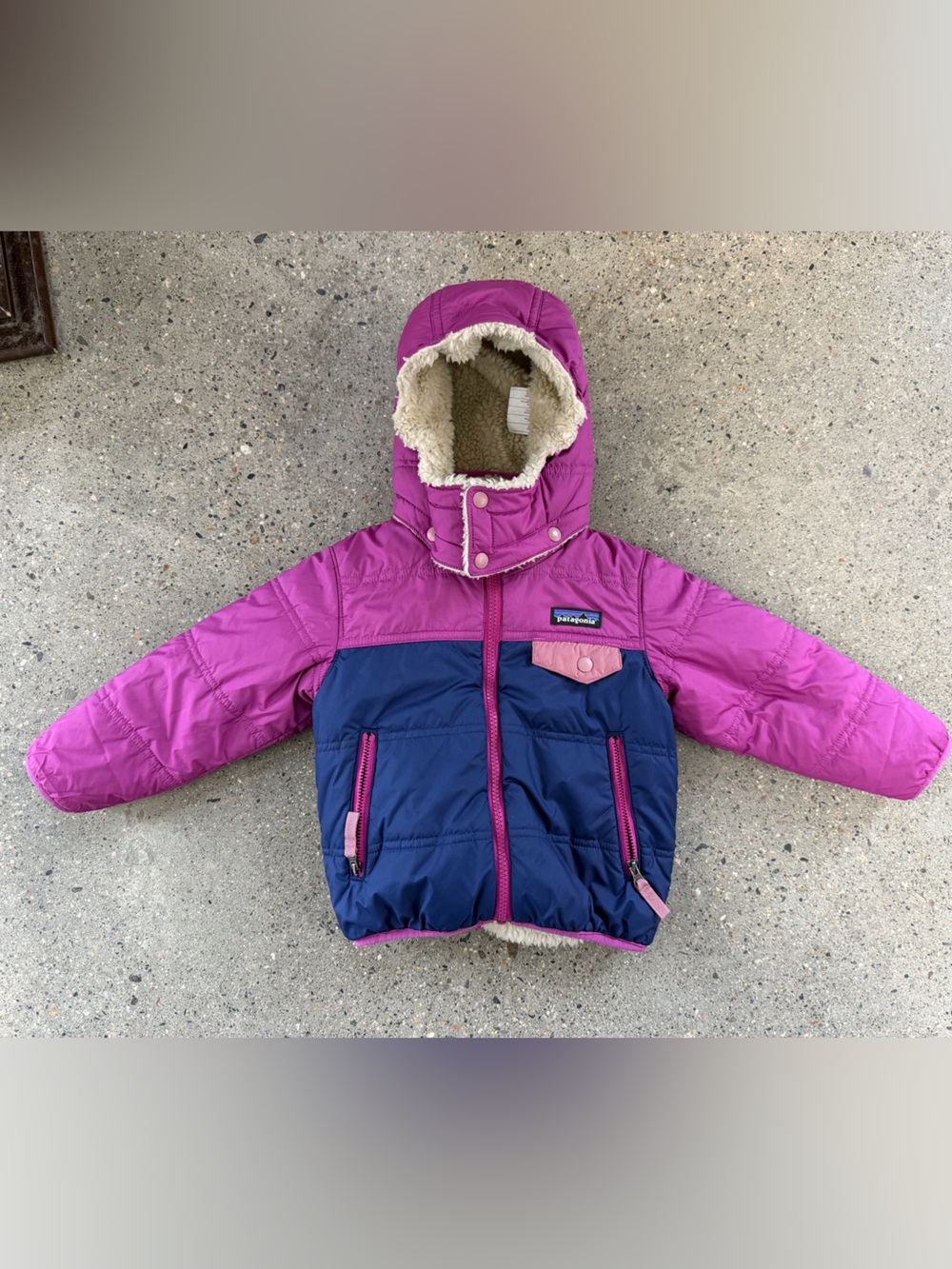 Patagonia Kids Hooded Puffer Jacket in Magenta & Navy